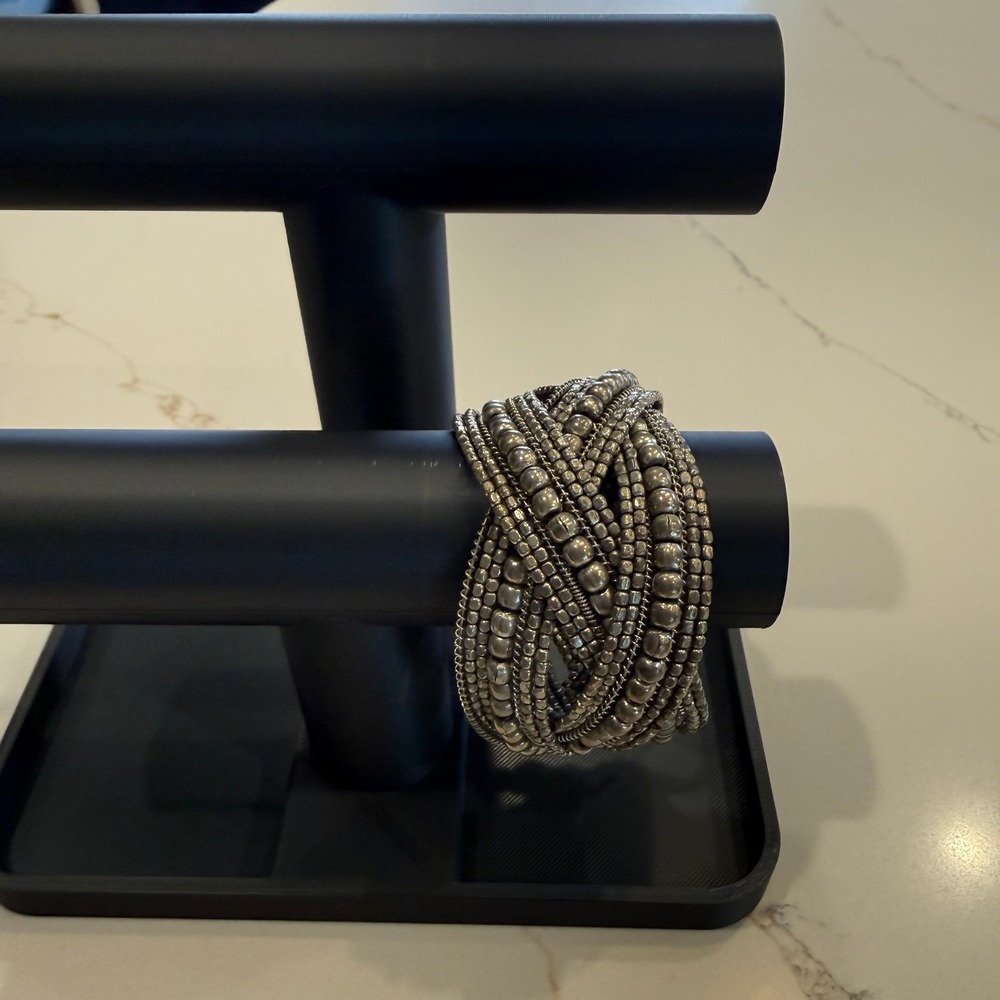 Statement Layered Silver Tone Multi Strand Beaded Wrap Cuff Bracelet